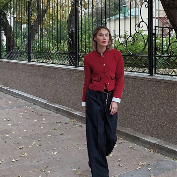 ZARA Red Boucle Textured Blazer Jacket w/ Detachable White Cuffs NWT *Flawed - Picture 11 of 16